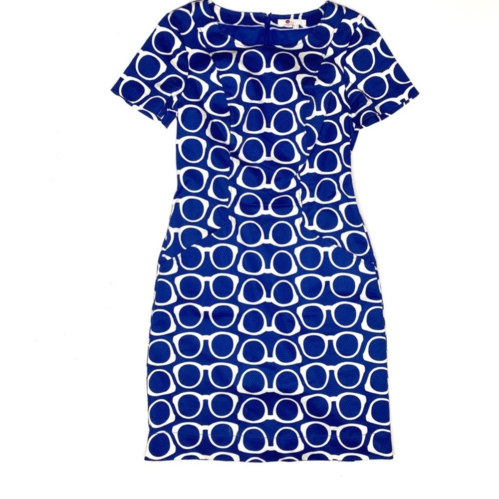 Boden Eyeglasses Print Textured Sheath Dress Blue 8